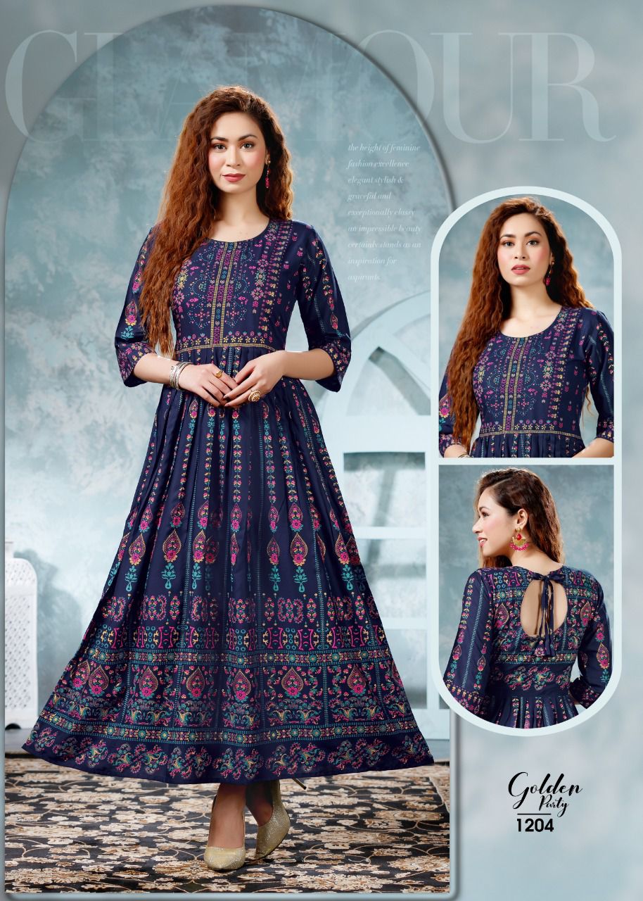 Beauty Queen Golden Party Ethnic Wear Rayon Printed Anarkali Long Kurti Collection